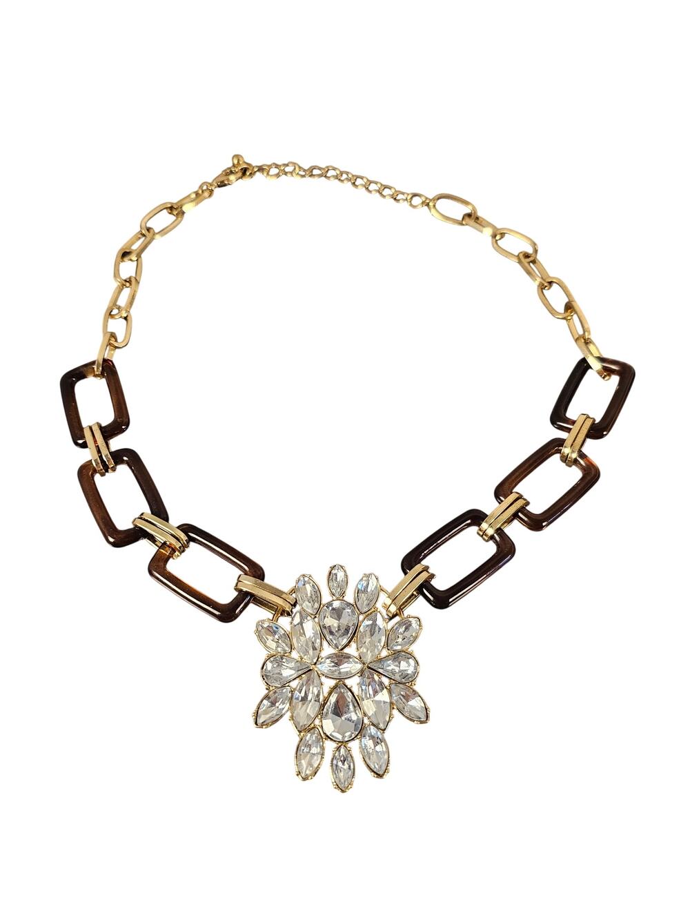 Statement Necklace Gold Tone Tortoise Link Rhinestone Pendant 20" Adjustable